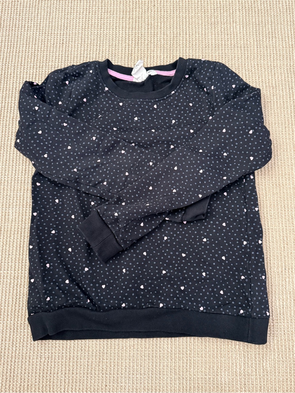 H&M Black Long-Sleeve Sweatshirt with Pink Heart Print, size 8-10
